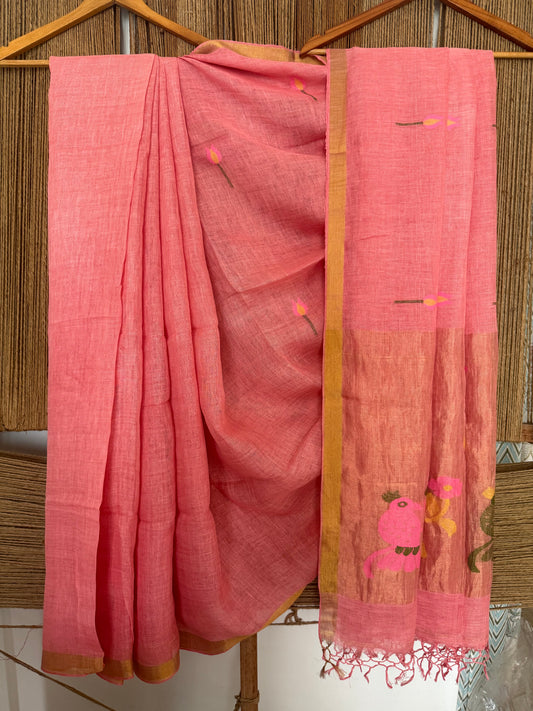 PEACH PINK HANDWOVEN JAYSHREE LINEN JAMDANI SARI