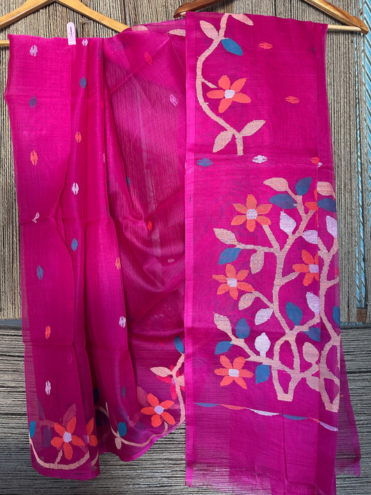 HOT PINK JAMDANI HANDWOVEN PURE MUSLIN SILK SARI