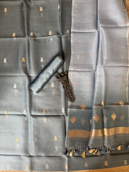 Ash Grey kora silk certified handloom banarsi kadwa booti meenakari Ombré Shade Duppatta three piece suit