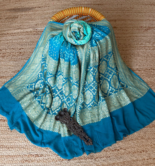 Bondi Blue & Aquamarine handwoven neemzari bareek bandhani in khaddi georgette dupatta