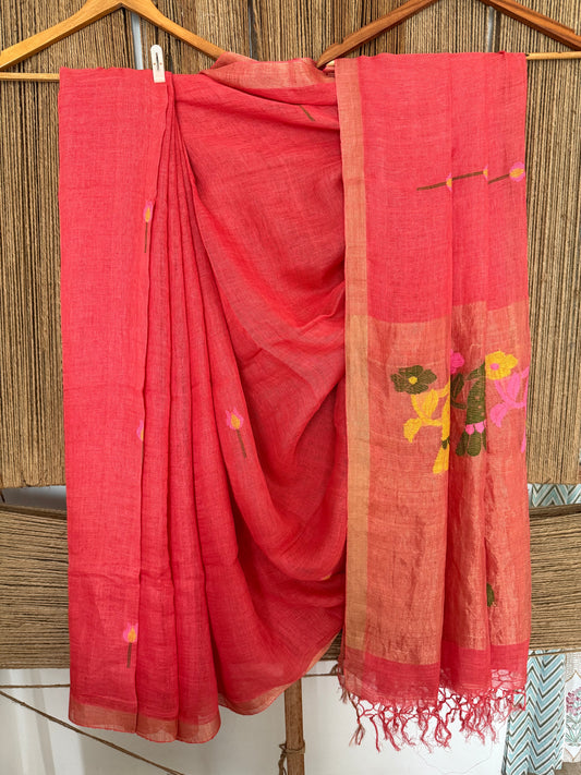 FIERY ROSE PINK HANDWOVEN JAYSHREE LINEN JAMDANI SARI