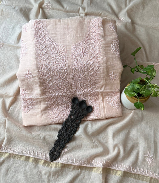 DEEP PEACH PREMIUM  MULL CHANDERI LUCKNOWI CHICKENKARI HAND EMBROIDERY THREE PIECE SUIT