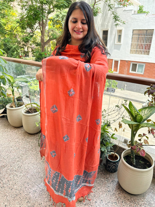 GREY ORANGE LINEN COTTON HANDBLOCK SUIT SET