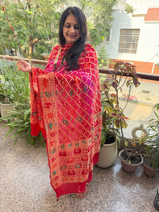 Red & pink  ombré shade Handwoven Bareek Bandhani in Meenakari Jaal  Premium Georgette dupatta