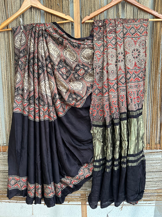 Black MODAL SILK AJRAKH ZARI BORDER SARI