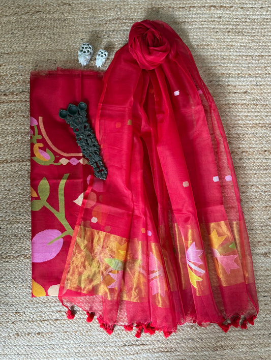 CHERRY RED HANDWOVEN JAMDANI PURE MUSLIN SILK KURTA SET MJK-114