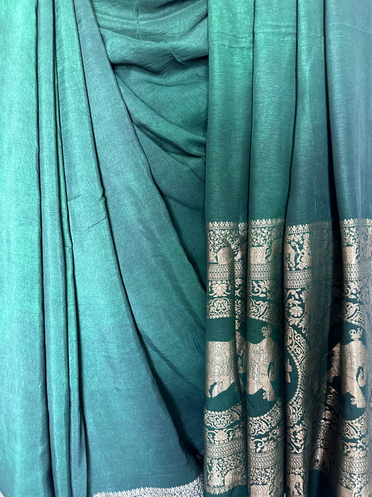 BOTTLE GREEN DOLA  SILK  ZARI BORDER SARI