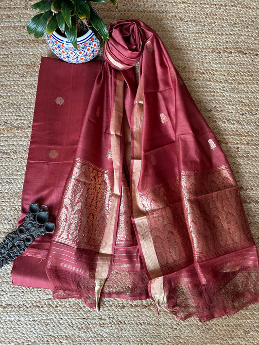 Rust Maroon Katan silk certified handloom Banarsi Booti three piece suit