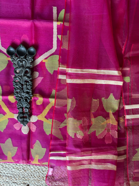RANI PINK HANDWOVEN JAMDANI PURE MUSLIN SILK KURTA SET MJK-68