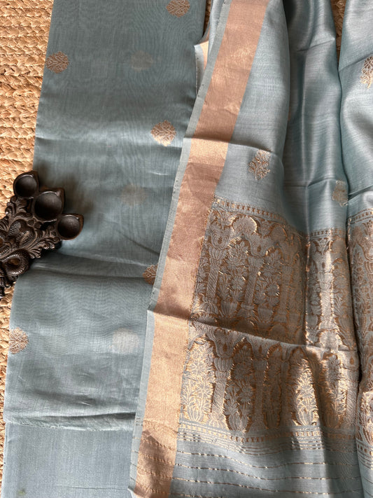 Grey Katan silk certified handloom Banarsi Booti three piece suit