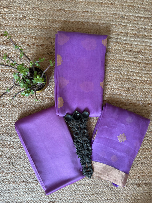 Lavender Purple Kora silk certified handloom Banarsi kadwa Booti three piece suit