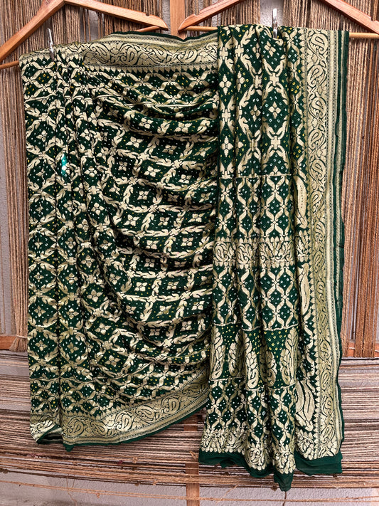 Green Handwoven Neem Zari Bareek Bandhani Saree with Khaddi Georgette