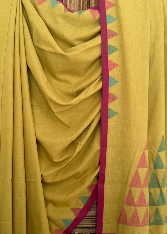 Mustard Yellow handloom cotton needle jamdani wove sari