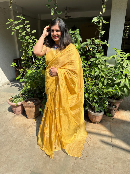 YELLOW TISSUE ZARI SARI WITH WOVEN CONTRAST BLOUSE