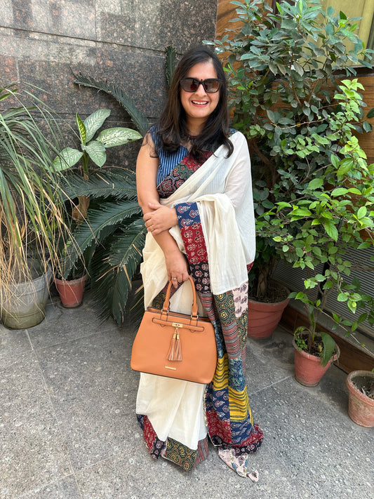WHITE PATCH WORK  AJRAKH HAND CRAFTED MULL SAREE