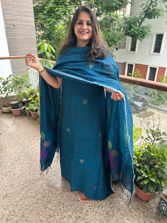 AZURE BLUE JAMDANI LINEN  KURTA SET LJS-1046