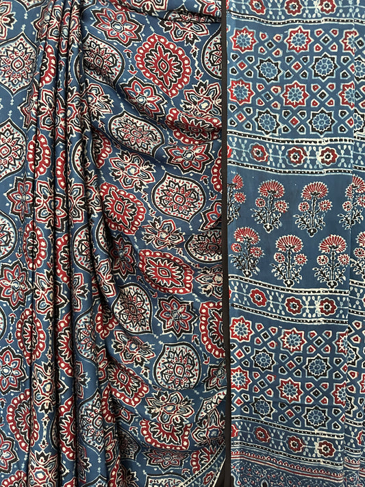 INDIGO  BADAM BUTTA AJRAKH MODAL SILK SARI WITH BORDER