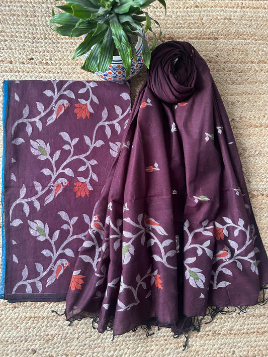 RUST MAROON JAMDANI ALL OVER WOVEN MULL KURTA SET JAK- 17