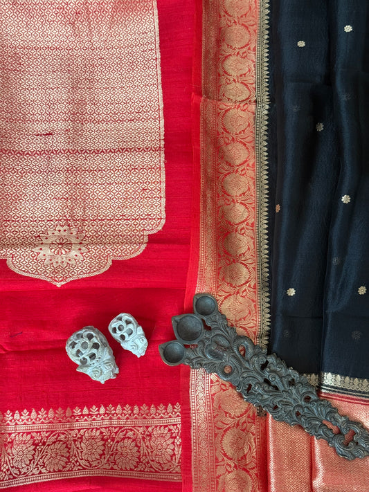 CHERRY RED RAW SILK CERTIFIED HANDLOOM BANARSI KADWA BUTTI WITH WOVEN ZARI THREE PIECE SUIT