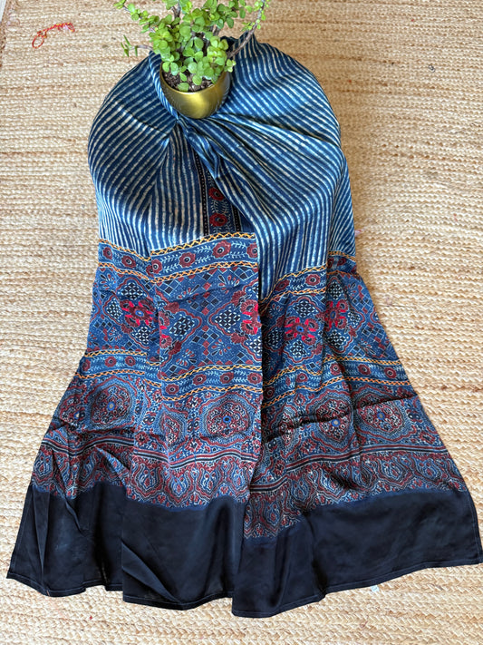 BLUE AJRAKH MODAL SILK STOLE WITH HAND EMBROIDERY MIRROR WORK