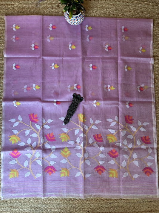 Pastel pink jamdani handwoven pure muslin silk sari
