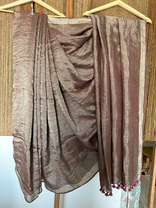 15 ROSY BROWN METALLIC LINEN SARI WITH WOVEN  BORDER