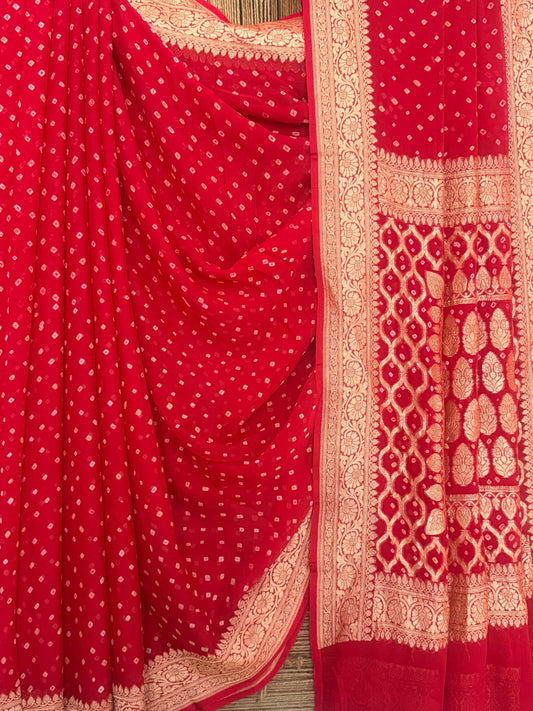 Imperial Red handwoven neem zari bareek bandhani saree with khaddi georgette