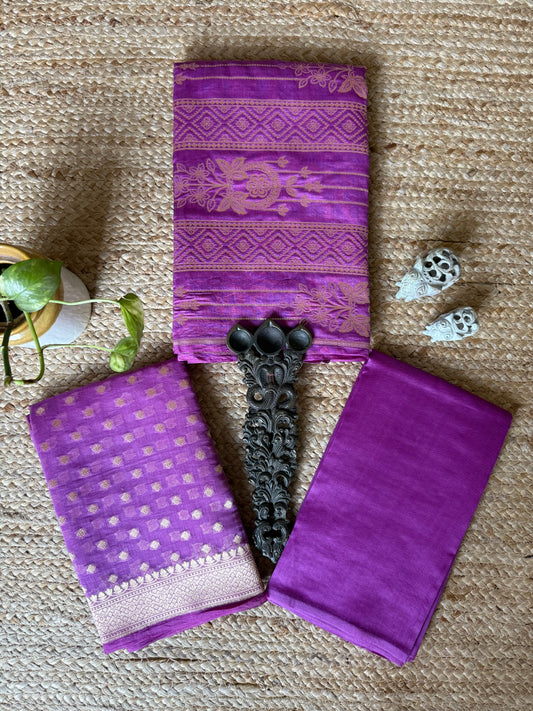 Orchid PurpleChina silk certified handloom Banarsi Booti three piece suit