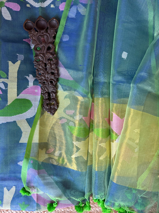 SEA GREEN HANDWOVEN JAMDANI PURE MUSLIN SILK KURTA SET MJK-109