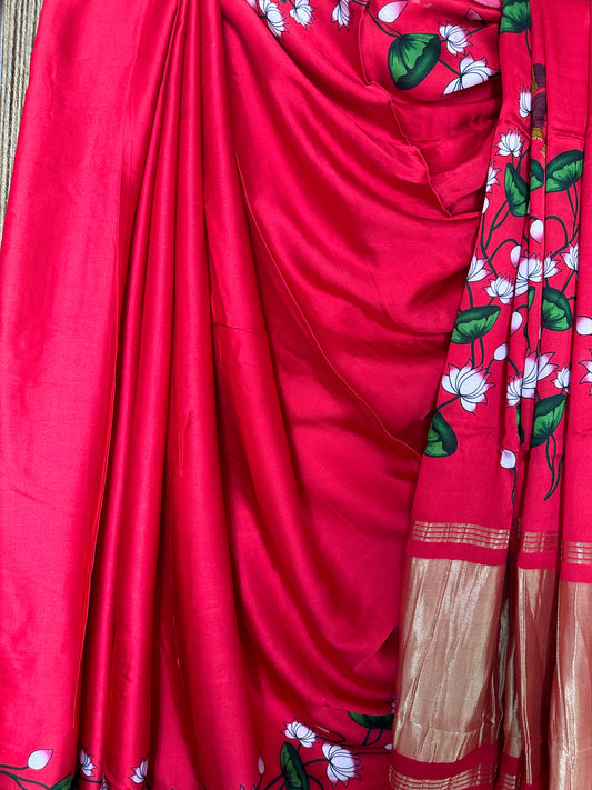 RED PICHWAI MODAL SILK PRINT SARI WITH ZARI BORDER