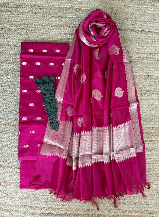 Pink chanderi handloom  banarsi booti three piece suit