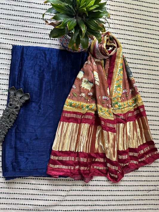 ROYAL BLUE MASHRU SILK KURTA WITH PATOLA PRINT MODAL SILK DUPATTAS