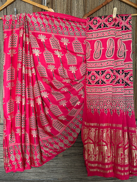 CANDY PINK  AJRAKH PRINT  MODAL SILK SARI WITH ZARI BORDER