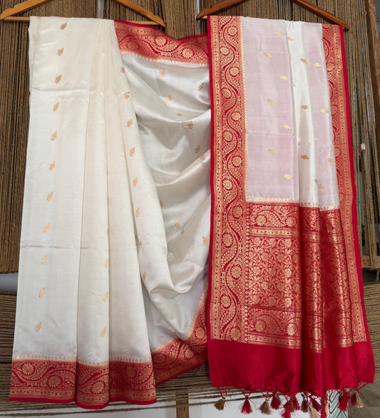 White & Red Mango silk certified  handloom banarsi sari with woven zari