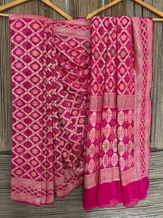 Hot Pink Handwoven Neem Zari Bareek Bandhani Saree with Khaddi Georgette with Meenakari Work BS- 21