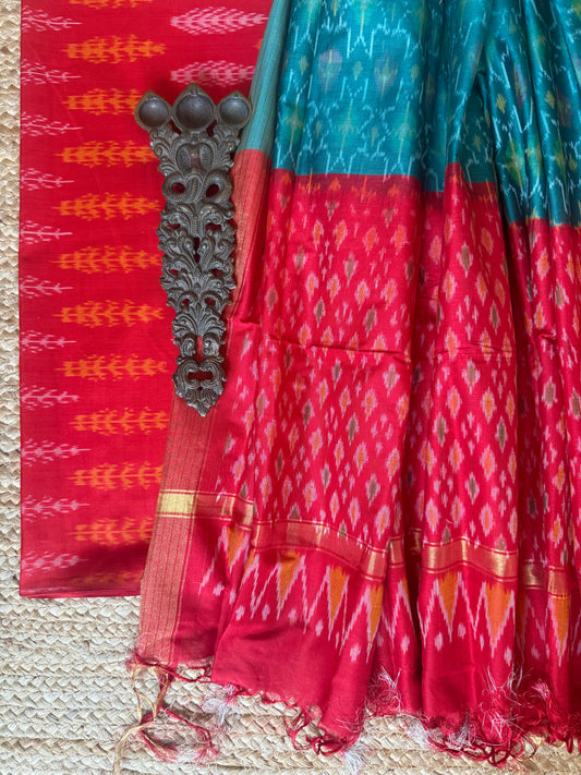 RED IKKAT PURE SILK HANWOVEN KURTA WITH IKKAT PURE SILK HANDWOVEN DUPATTA