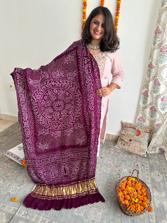 PURPLE CHANDMUKHI RAI BANDHANI GAJJI SILK HANDWOVEN  DUPATTA