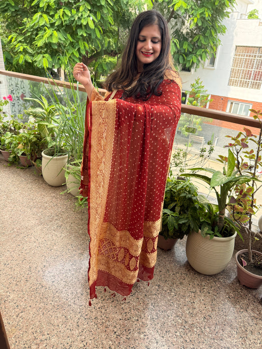 Rust Brown Handwoven NeemZari Bareek Bandhani in Khaddi Premium Georgette dupatta