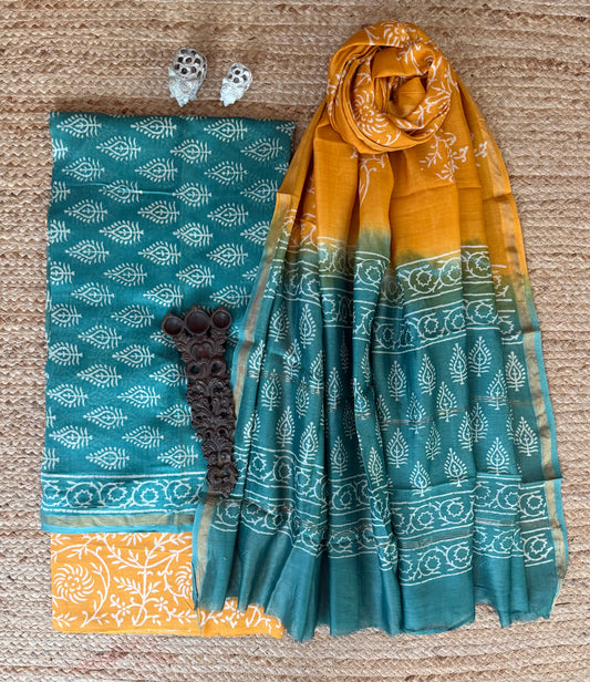 AEGEAN BLUE CHANDERI HANDBLOCK SUIT SET