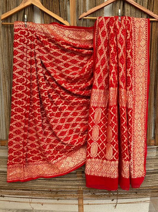 Red Handwoven Neem Zari Bareek Bandhani Saree with Khaddi Georgette