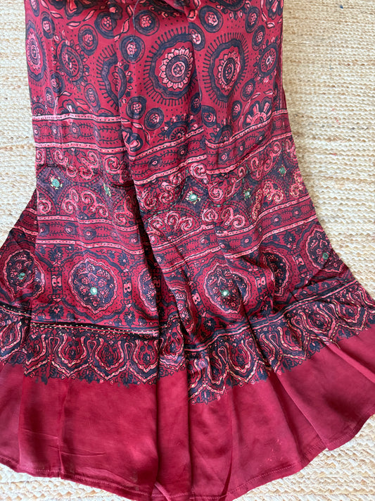 MAROON AJRAKH MODAL SILK STOLE WITH HAND EMBROIDERY MIRROR WORK