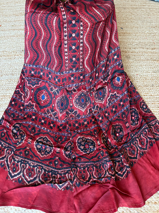 MAROON AJRAKH MODAL SILK STOLE WITH HAND EMBROIDERY MIRROR WORK