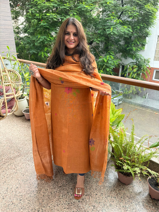 Brown jamdani linen  kurta set