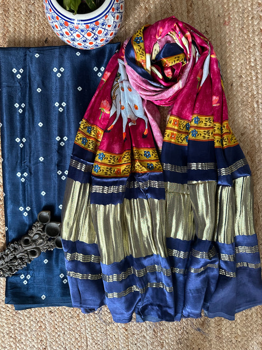 BLUE BANDHANI MASHRU SILK KURTA WITH PATOLA HANDCRAFTED MODAL SILK DUPATTA PS-69