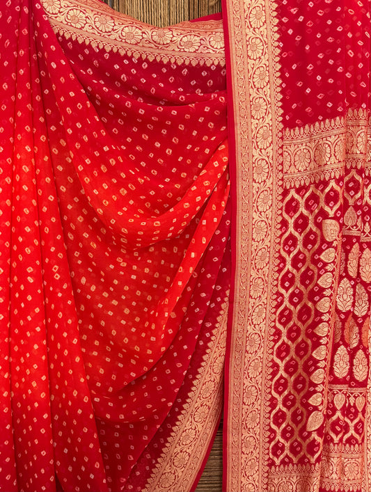 Red & Orange Handwoven Neem Zari Bareek Bandhani Saree with Khaddi Georgette BS- 303