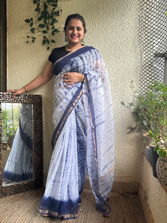 WHITE BLUE  KOTA SHIBORI DORIA  HANDBLOCK SARI