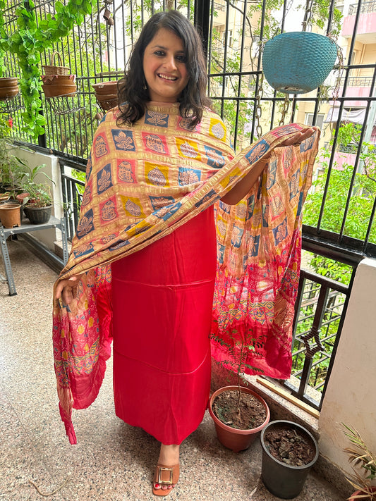 CRIMSON RED MODAL SOLID  KURTA WITH AJRAKH HANDCRAFTED GHARCHOLA DUPATTA SET