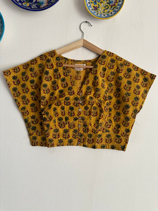 MUSTARD AJRAKH COTTON BLOUSE  BLOUSE WITH WOODEN BUTTON
