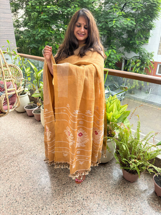 BROWN PURE JAYSHREE  LINEN JAMDANI HANDWOVEN KURTA SET