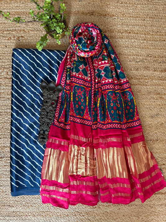 BLUE LEHERIYA MASHRU SILK KURTA WITH PATOLA HANDCRAFTED MODAL SILK DUPATTA PS-223